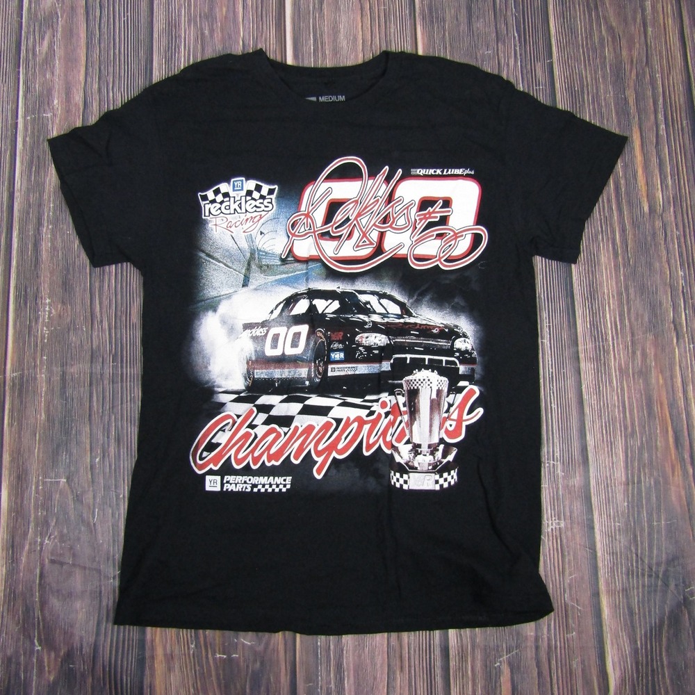Reckless Racing Shirt Mens Medium Black Champions Race Car Graphic Tee Cotton